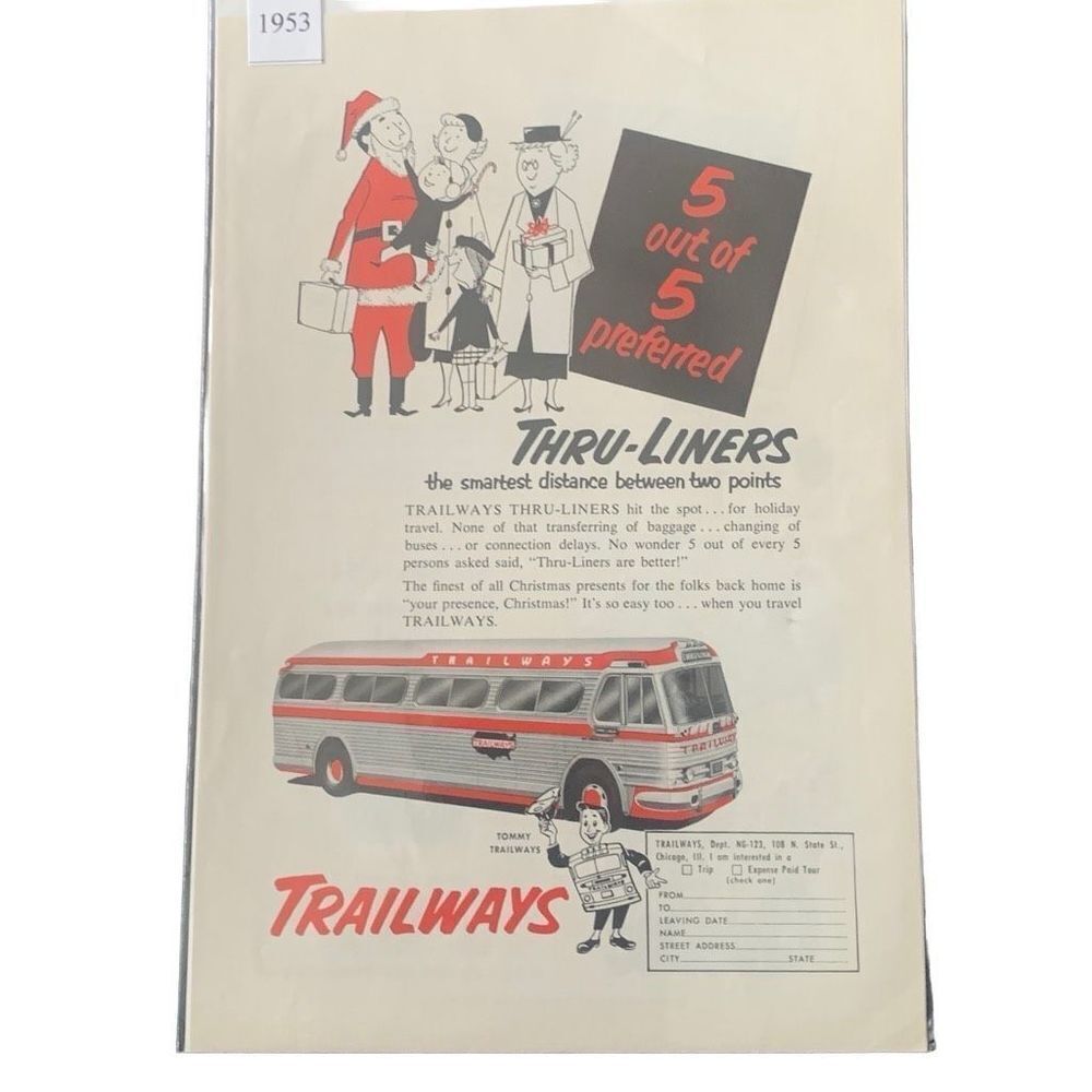 Vintage 1953 Trailways 5 out of 5 Preferred Thru Liners Ad Advertisement
